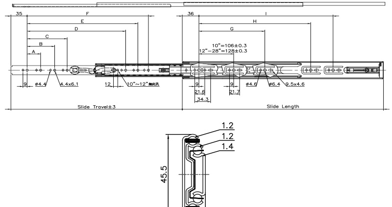 Technische Zeichnung der Teleskopschiene HS 4613 TO